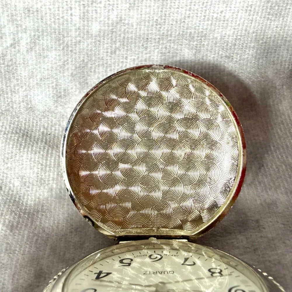 Vtg Pocket Watch Quartz Silver Tone Hunter Case Ornate Floral Japan Movt WORKING
